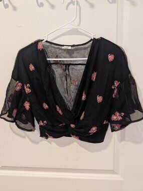 Black Sheer Floral Wrap Top | Romantic Coquette Blouse
